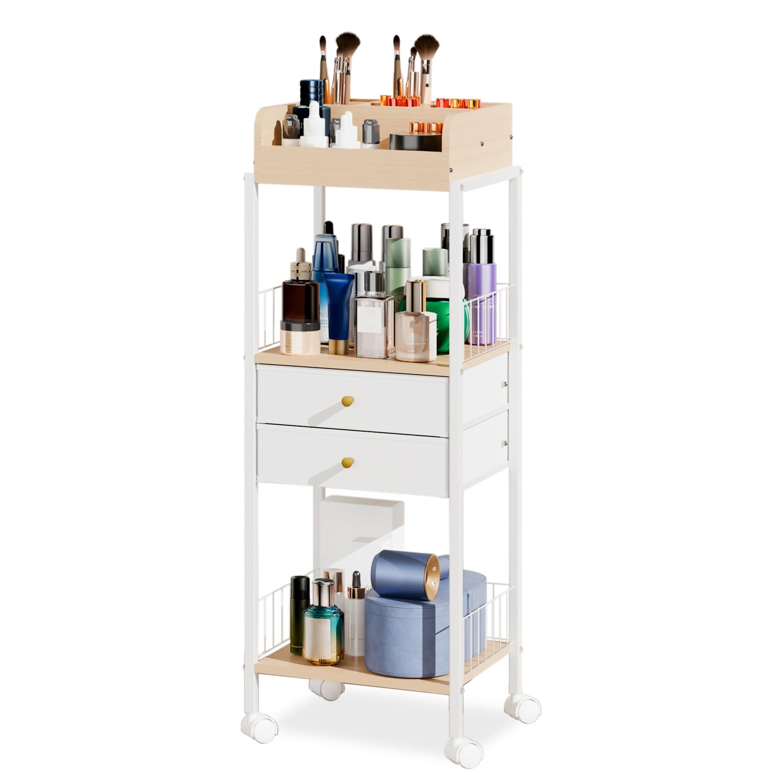 Photo 1 of Makeup Organizer Cart Shelf Floor Skincare Organizers Make Up and Station Storage Cabinet For Vanity Standing Cosmetics With Drawers and Wheels For Nail Polish Perfume Hair Tool Holder Beauty(White)