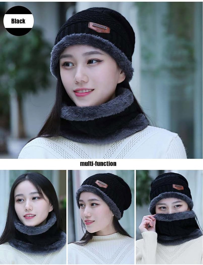 HINDAWI Black Slouchy Beanie Scarf Gloves Set for Women Warm Skull Cap Scarves Touch Screen Mittens: Clothing