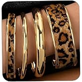 ZMJK Leopard Print Bangle Bracelets for Women Gold Polished Chunky Bracelets Wide Wrist Cuff Stack Bracelets Trendy Open Cheetah Leather Bangle Set for Women Statement Jewelry