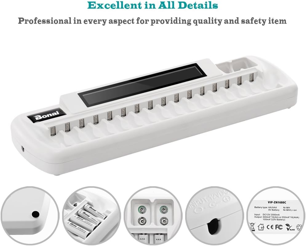 BONAI 16+2 Bay Smart Rechargeable Battery Charger with LCD Display for AA AAA NiMH NiCD Batteries & Li-ion 9V Rechargeable Batteries with AC Wall Adapter AAA aa Charger nimh Battery Charger: Home Audio & Theater