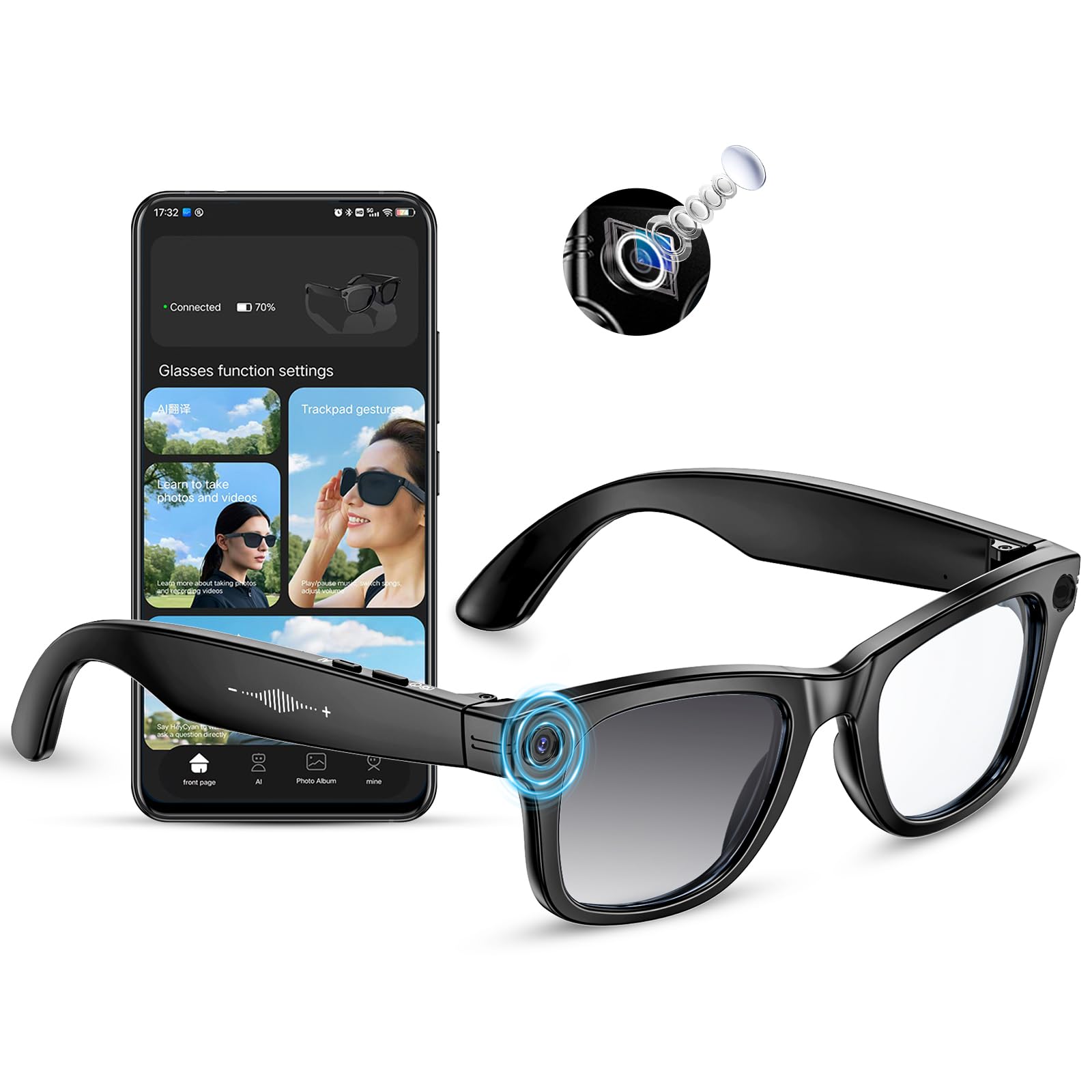 Photo 1 of Mingtawn AI Smart Glasses 4K HD Camera, BT Call, 800W Anti-Shake Camera Glasses with Video Recording Dual Mic, Simultaneous Interpretation/GPT Identify Objects, 270mAh Smart Glasses, Photochromic