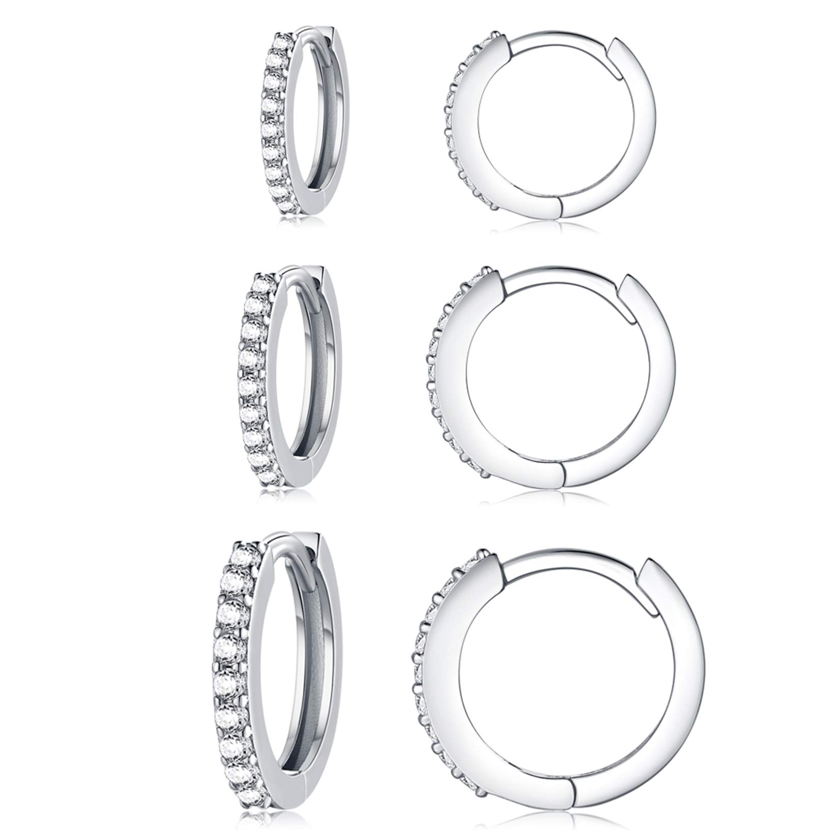 Silver Hoop Earrings for Women, 3 Pairs Small Sterling Silver Huggie Earrings | Tiny Cubic Zirconia Cartilage Cuff Earrings Hoop Gold Piercing Jewellery for Girls Men Teens (8mm/10mm/12mm)