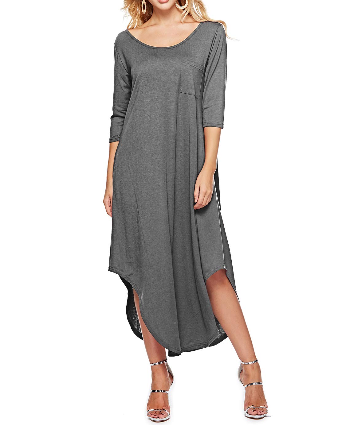 Womens Dresses Round Neck 3/4 Sleeve Side Split Loose Casual Long Maxi Dress with Pockets Grey XL
