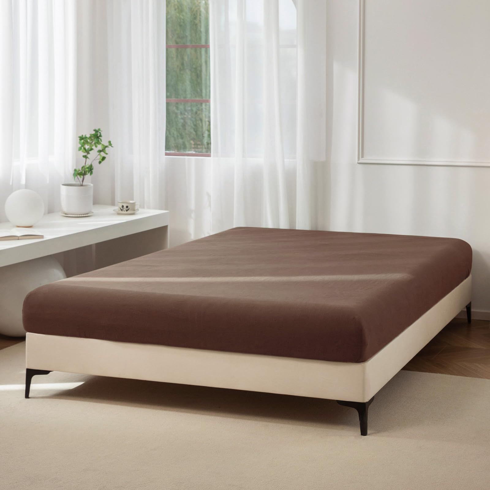 Photo 1 of ***(HEAVILY USED/ MINOR DAMAGE)***JIYUAN 100% Washed Cotton Fitted Sheet 1Piece, Deep Pocket Bottom Sheet Fits Mattress up to 17", Linen Like Comfy and Breathable for All Seasons, Queen Size, Chocolate Brown