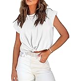 PHUMEEX Womens Tie Knot Front Cropped T-Shirt Summer Casual Crew Neck Rolled Short Sleeve Crop Tops Tees