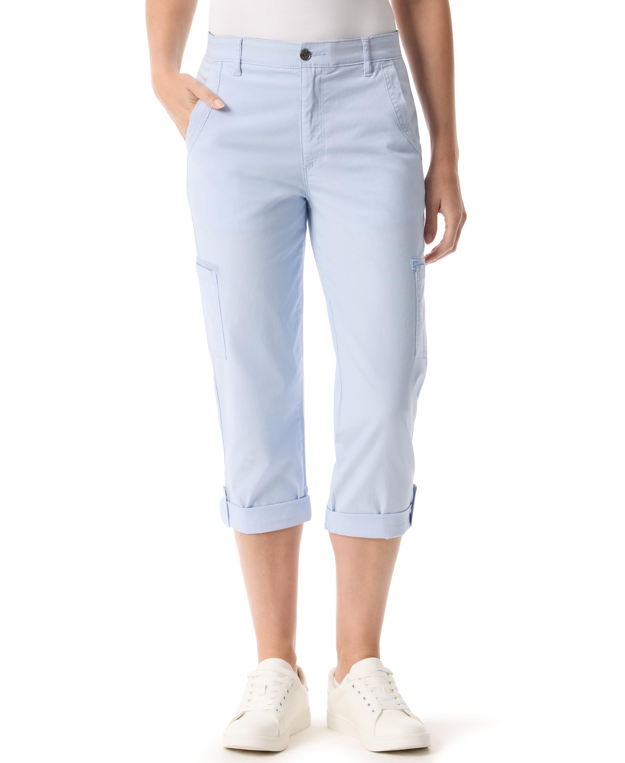 Gloria Vanderbilt Women’s Cargo Capri Tab Roll Cuff with Zip Front and Elastic Waist Standard