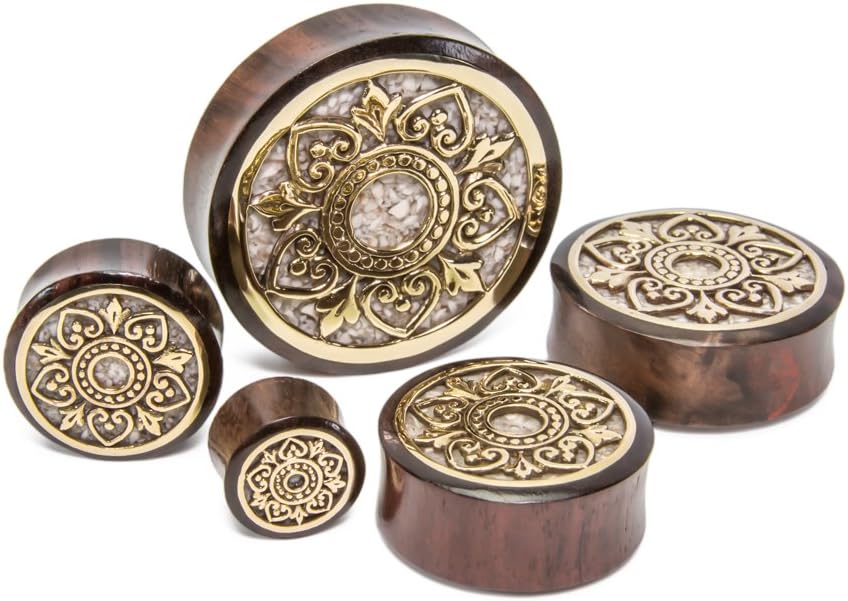 Elementals Organics Sono Wood Plug for Ear – Ear Gauge with Brass Indonesian Flower and Marble Inlay