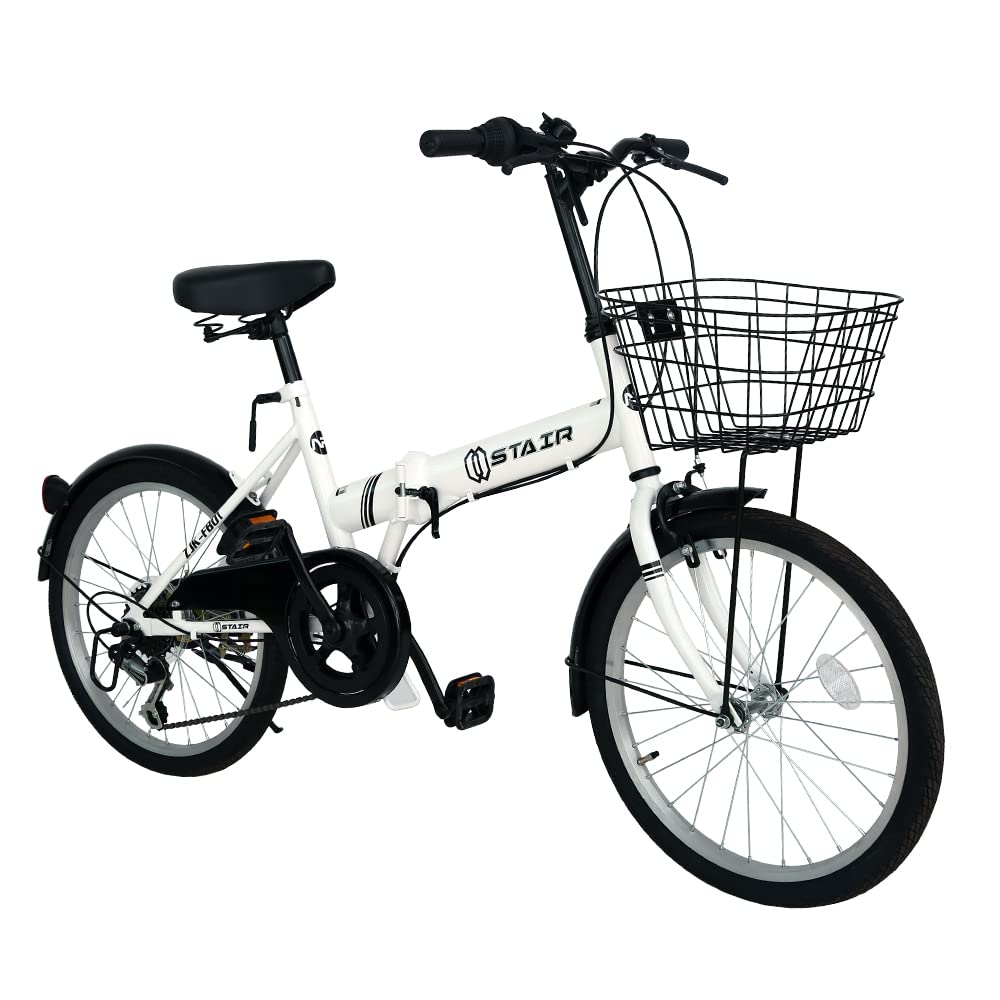 折りたたみ自転車 折り畳み自転車 20インチ シマノ６段変速 カゴ付 ワイヤ錠・ライトのプレゼント付き 前後泥除け装備 ハンドルの高さ調節できる 小径車 ミニベロ ホワイト商品画像