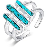 BETHZA Natural Turquoise Three-Bar Ring 925 Sterling Silver Gemstone Turquoise Adjustable Ring Boho Western Jewelry Gifts for Women