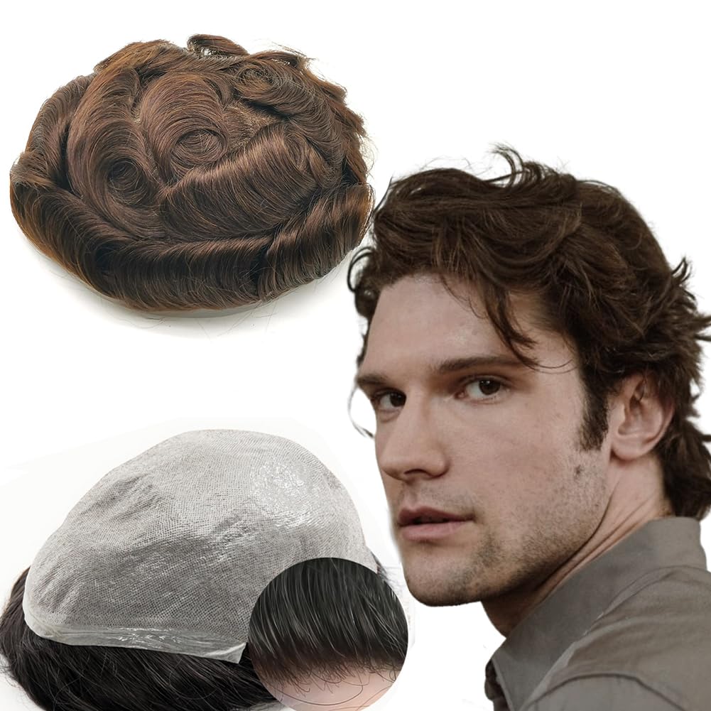 Toupee for Men Yanahair Wavy Hair Pieces Mens Toupee Human Hair Replacement System 100% European Real Human Hair Hairpieces Hair System 0.04mm Soft Thin Skin PU V-loop (#2 Dark Brown, 8x10")