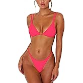 ForBeautyShe Women's Sexy Thong Bottom Two Piece Bikini Double Shoulder Straps Cute Swimsuit Triangle Bathing Suit