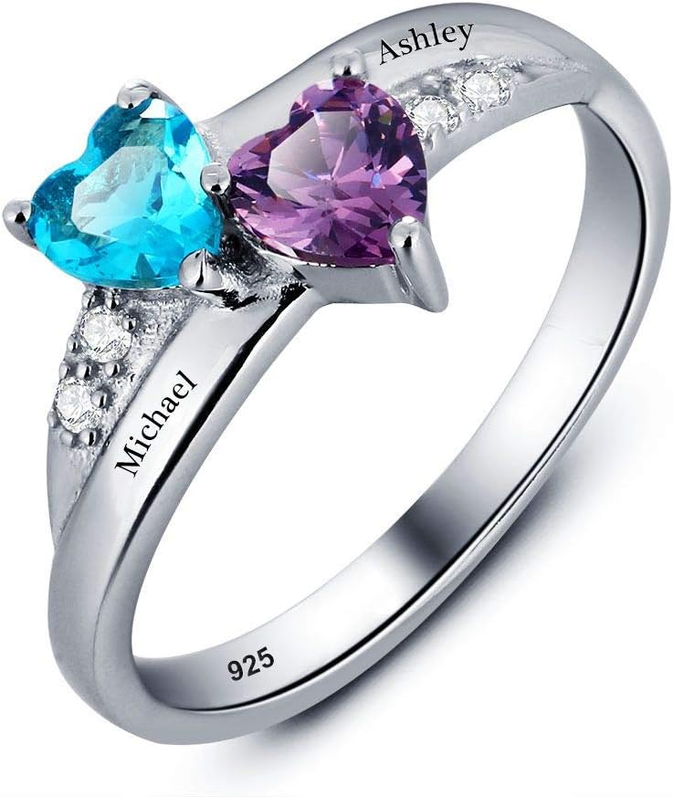 Sterling Silver Engagement Ring Promise Ring For Her 2 Heart Birthstones 2 Names & 1 Engraving Customized & Personalized