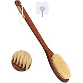 Wooden Bath Brush with Stiff Sisal Bristles Long Handle for Shower Back Scrubber Body Exfoliator, with Hook for Hanging (Stiff Sisal Hair)