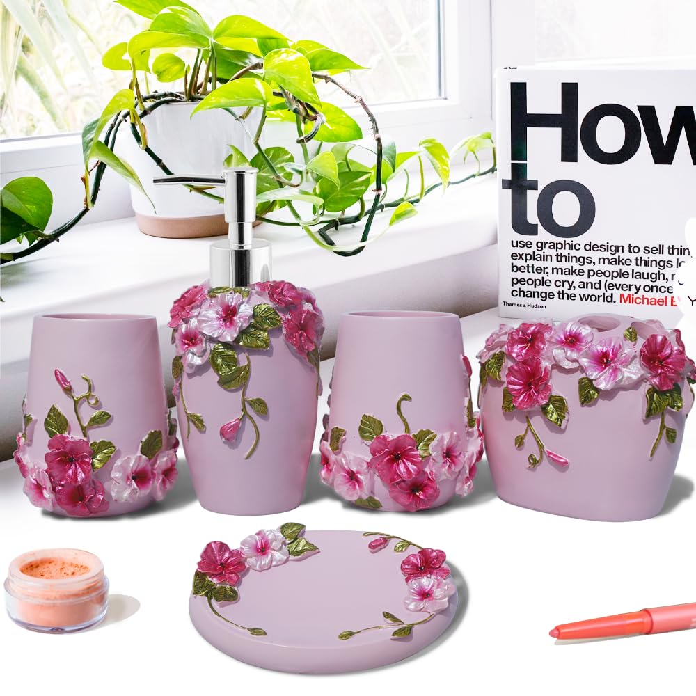 LUANT Vintage Pink 5Piece Bathroom Accessories Features, Soap Dispenser, Toothbrush Holder, Tumbler & Soap Dish - Bath Gift Set