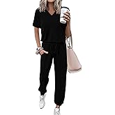 MASCOMODA Womens 2 Piece Outfits Summer Casual V Neck Short Sleeve Tops Long Pants Tracksuit Lounge Jogger Set with Pockets