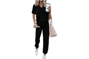 MASCOMODA Womens 2 Piece Outfits Summer Casual V Neck Short Sleeve Tops Long Pants Tracksuit Lounge Jogger Set with Pockets