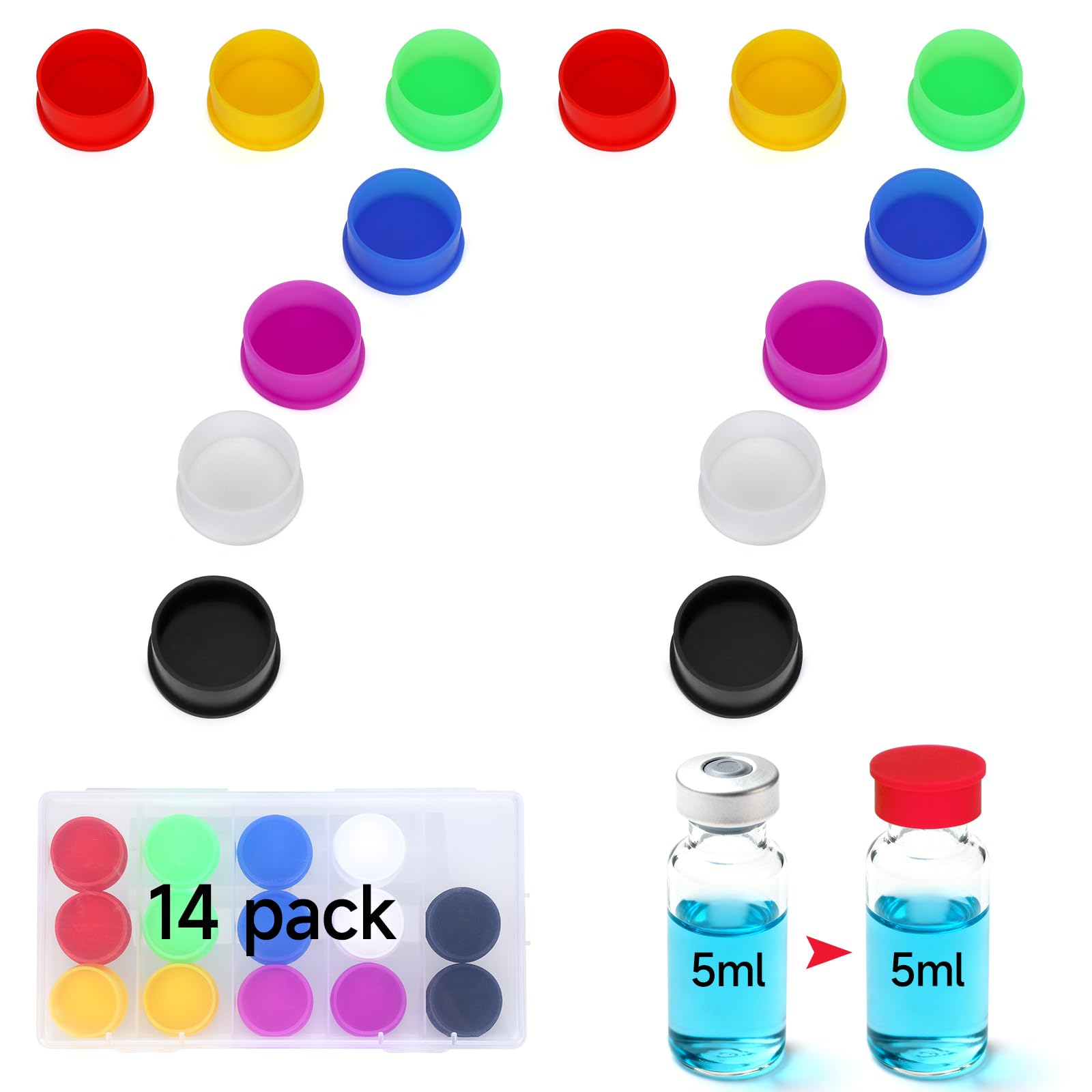 Photo 1 of 14 Pack 5-100ml Vial Caps (7 Colors) Peptide Caps for for 5ml 10ml 20ml 30ml Glass Vials Peptide Storage Protective Cap, Reusable Silicone Peptide Vial Covers Fit Peptide Case for Fridge by DawnBox.