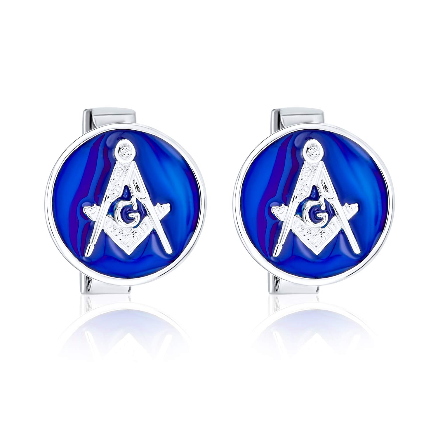 Round Circle Disc Freemasons Compass Symbol Masonic Cufflinks For Men Royal Blue Enamel Two Tone .925 Sterling Silver Hinge Bullet Back