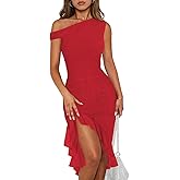 Women Sleeveless One Shoulder Bodycon Midi Dress Summer Side Slit Mesh Irregular Ruffle Cocktail Dress for Women