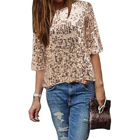 Damen Bluse IHRKleid® Frauen Strapless Pailletten beiläufige lose T-Shirt Tops Langarm weg von der Schulter Hemd Bluse