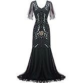 1920s Art Deco Sequin Maxi Dress, Vintage Flapper Gatsby Style, V-Neck with Tulle Sleeves, Long Evening Formal Gown
