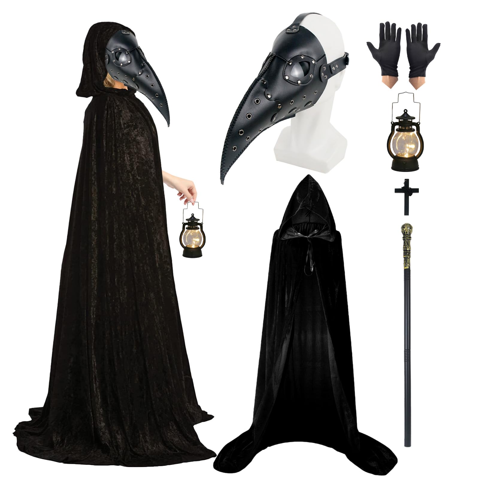 Plague Doctors Mask Long Nose Bird Steampunk Mask Halloween Costume Props Gothic Retro Leather Bird Mask Black Hooded Cloak with Black Gloves, Cane, Cross Necklace for Halloween Party Masquerade