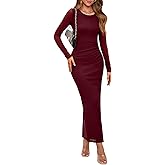 WIHOLL Women's Bodycon Maxi Dress Fall Fashion Long Sleeve Floral Print Tight Fitted Party Club Ruched Dresses