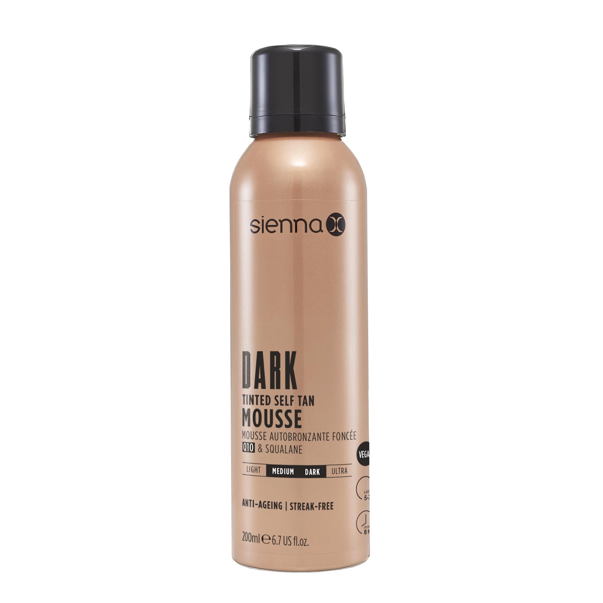 Sienna-X Dark Tinted Self Tan Mousse 200ml. Vegan Friendly & Cruelty Free Formula For Face and Body. Quick Drying and Enriched With Vitamin E and Pomegranate For A Flawless Tan. Ideal For New Tanners.