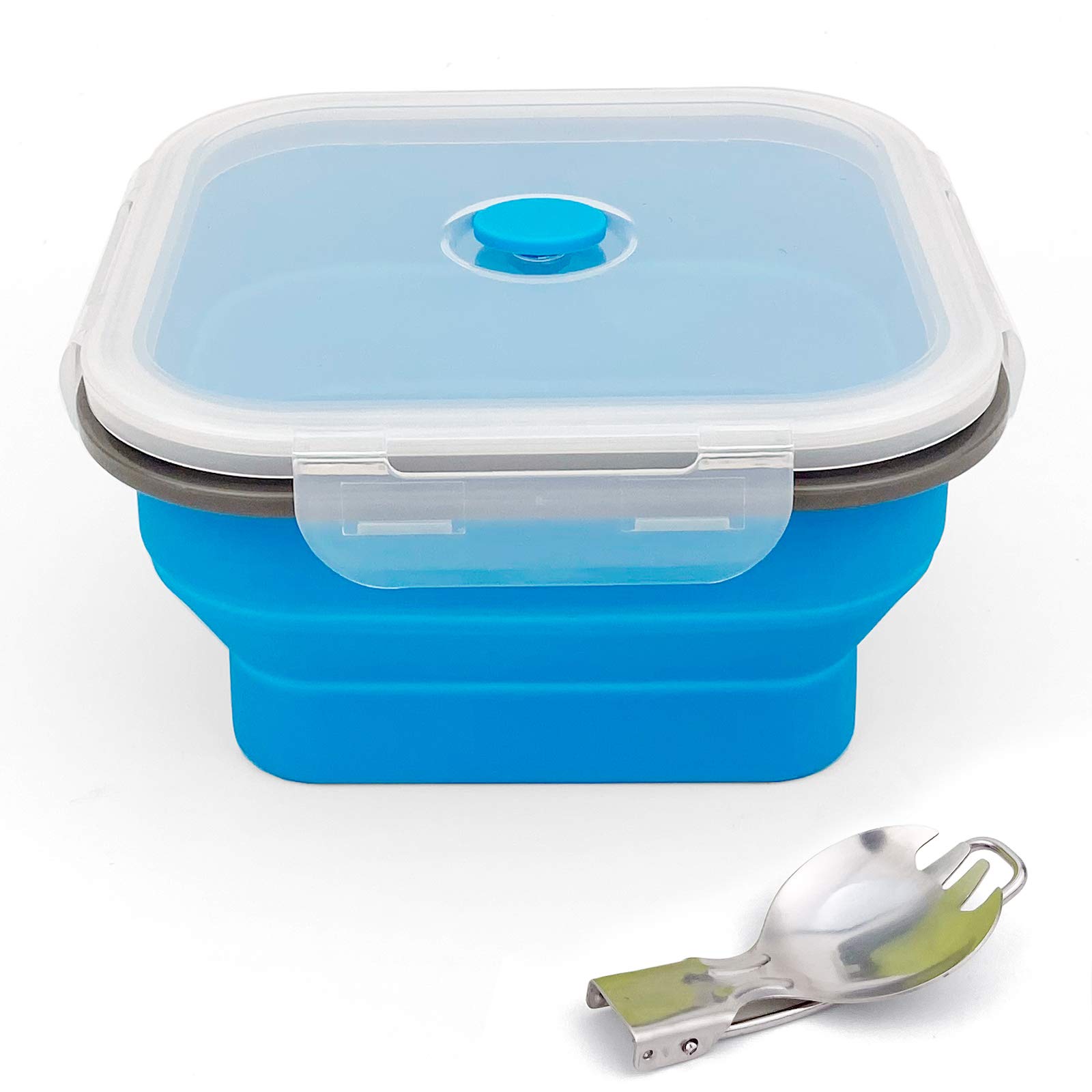 Ewrap 1200ml Large Collapsible Bowl, Portable Silicone Camping Bowl, with Foldable 2 in 1 Fork Spoon, Save 1/2 Space, Use in Microwave and Freezer, Blue