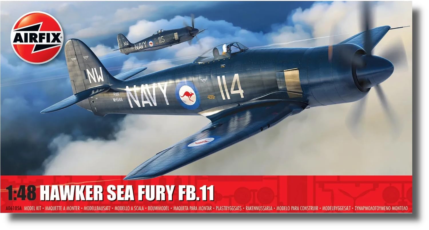 Airfix Model Set - A06105A Hawker Sea Fury FB.II Model Building Kit - Plastic Model Plane Kits for Adults & Children 8+, Set Includes Sprues & Decals - 1:48 Scale Model