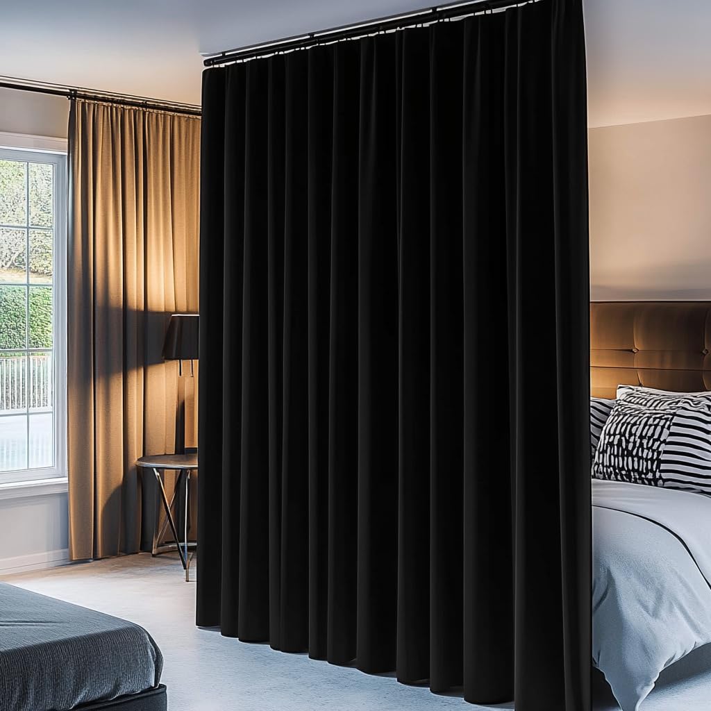 PANOVOUS Blackout Room Divider Curtains,Thermal Insulated Privacy Drapes For Sliding Glass Doors With Hooks, Rod Pocket Curtains 84 Inch Length For Patio Door 100W X 84L Inch, Black 1 Panel