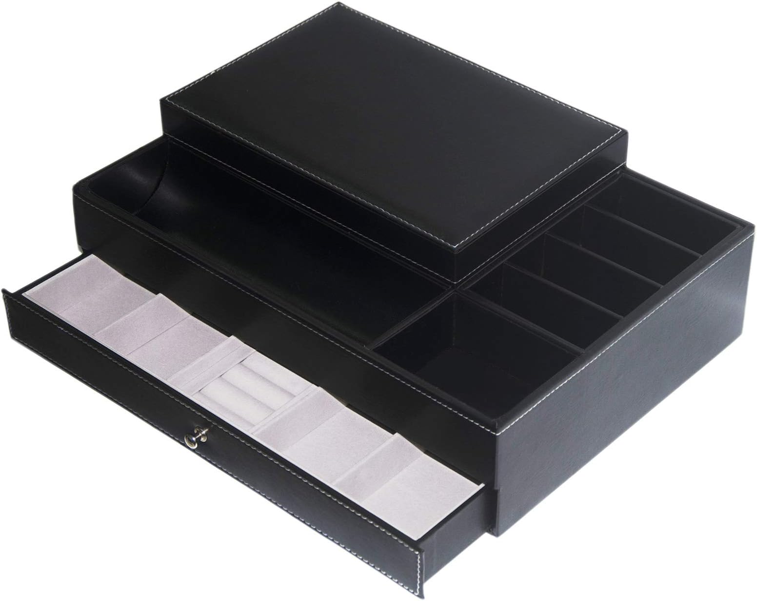 Feibrand PU Leather Jewellery Box Organizer Display Drawer Storage Case Black for Rings Glasses Necklace