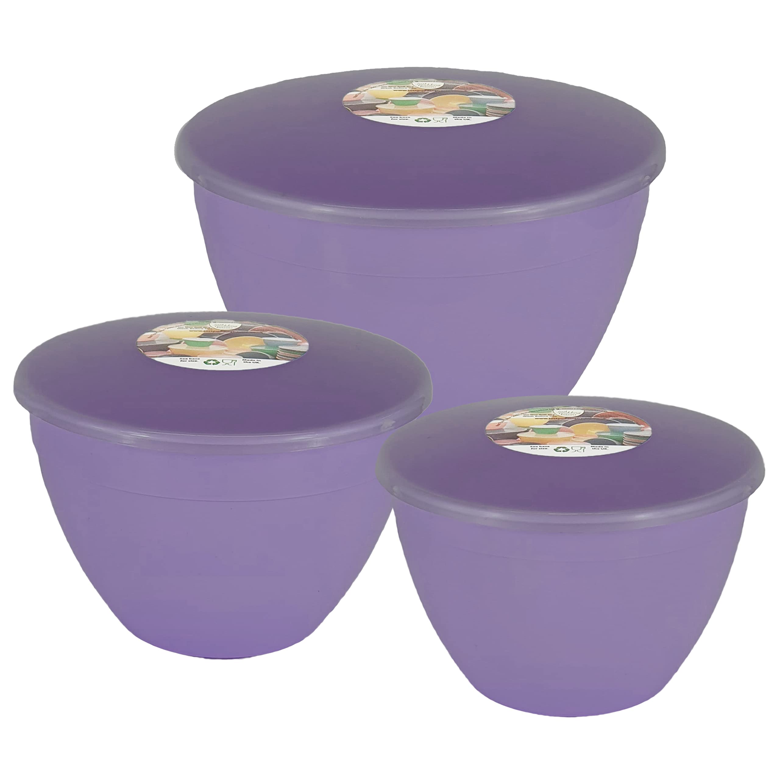 Just Pudding Basins 3 Larger Food Safe Plastic Bowl Sizes and Lids in 1 Set, 1x 1.5pt (850ml), 1x 2 pint (1.14lt), 1x 3 pint (1.71lt) Lilac
