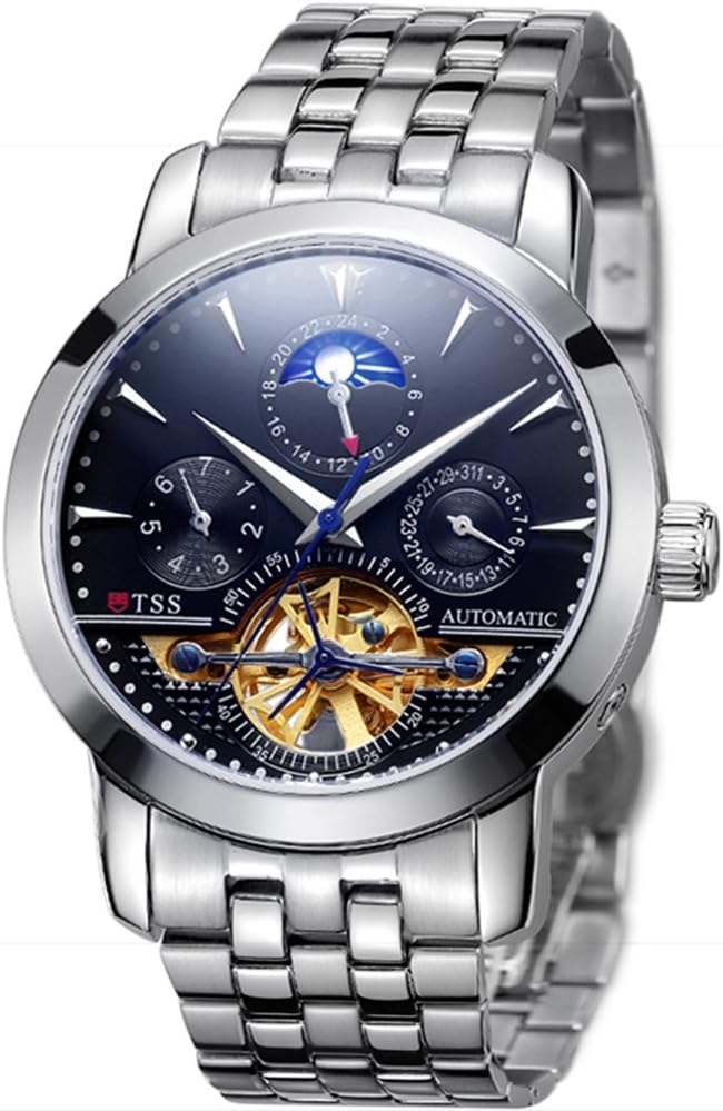 Men’s Automatic Tourbillon Moonphase Watch T8030N2 - Stainless Steel Round Watch Synthetic Sapphire Pure & Clear Window - Precise Movement Analog Display - Water Resistant Up to 50m