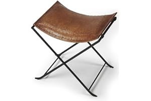 BUTLER SPECIALTY COMPANY Butler Melton Brown Leather Folding Stool – Compact Leather Accent Stool with Iron Frame | Small Leather Stool for Entryway, Living Room, Bedroom