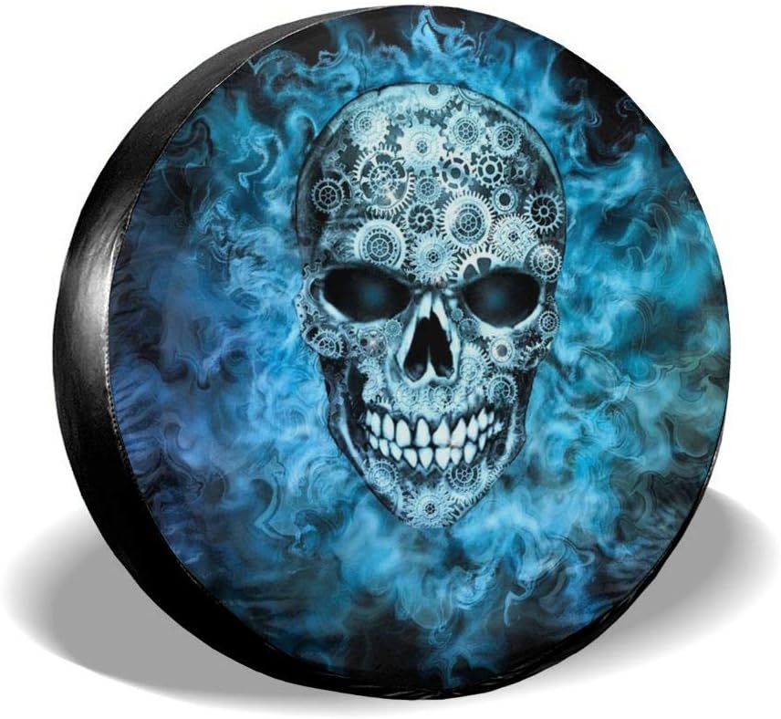 Spare Tire Cover Steampunk Skull Blue Flaming Steampunk Skull Potable