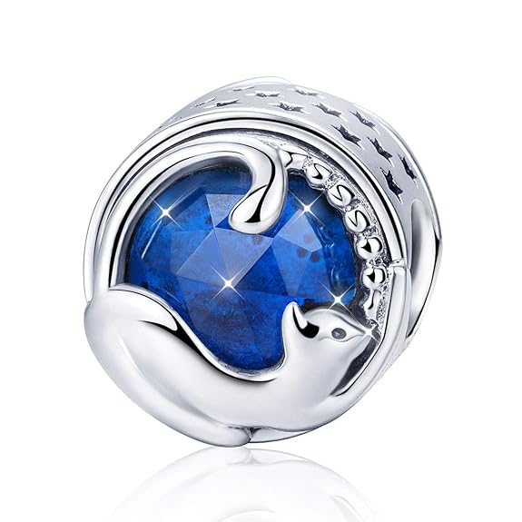 Charm-Anhänger Glückskatze, 925 Sterlingsilber, blauer Geburtsstein, Tier-Charm, passend für Pandora-Armbänder und Halsketten