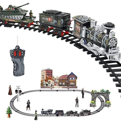 Electric Track Train Set, RC Train Track Toy with Steam Locomotive Engine, Remote Control Conveyance Car Trains Set with Lights and Sounds Railway Tracks Sets for Kids Childs(Military Train)