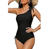 One Shoulder One Piece Swimsuits - Women Tummy Control Bathing Suits Ruched Full Coverage Side Tie Swimwear