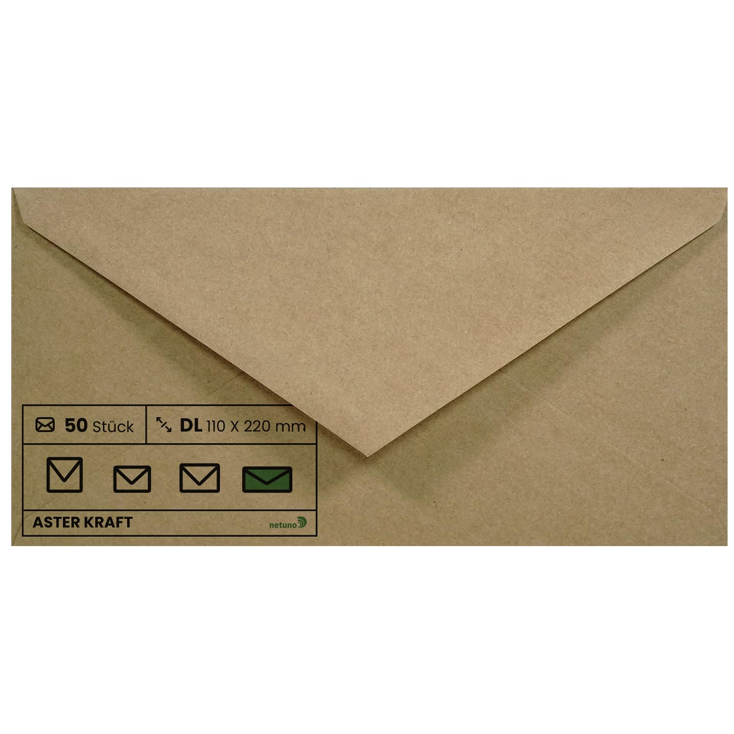 Netuno 50 Long Kraft Paper envelopes DL 110 x 220 mm 4.33 x 8.66 in 100gsm Aster Kraft Natural Brown Vintage envelopes for Birthday Cards Wedding Invitations Greeting Cards invoices vouchers DIY