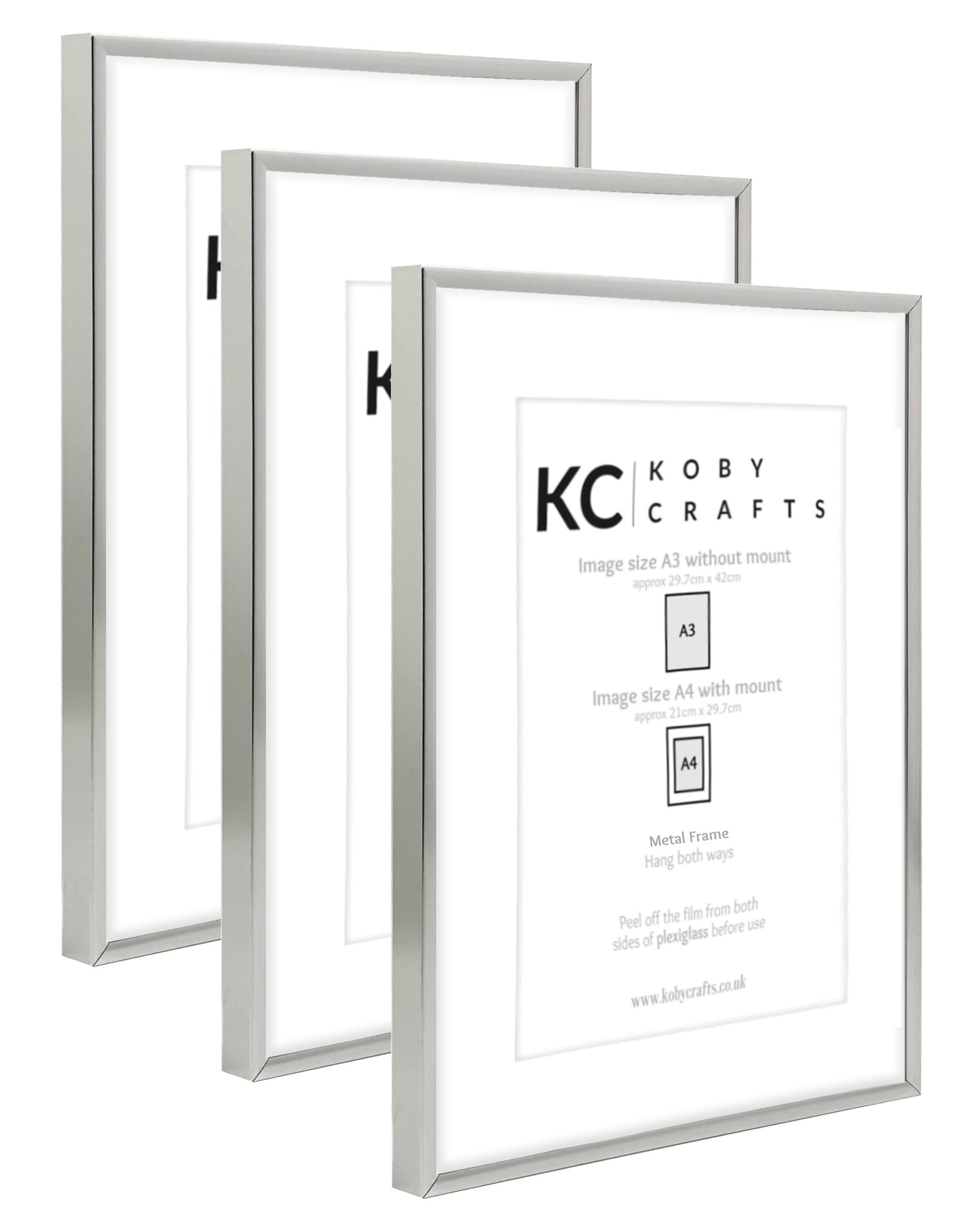Koby Crafts Pack of 3 Silver Picture Frames for A4 or A3 Images | 3 Pack Aluminium Metal A3 Wooden Photo Frames | Hang Portrait/Landscape | A4 Image Mount