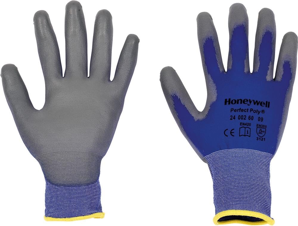 Honeywell 2400260-09 Perfect Poly Skin Gloves, Polyamide Knit Glove, Gray Polyurethane Coating on Palm and Fingertips, Blue Colour, 24 cm Length, Size 9 (BOX with 10 Pairs)