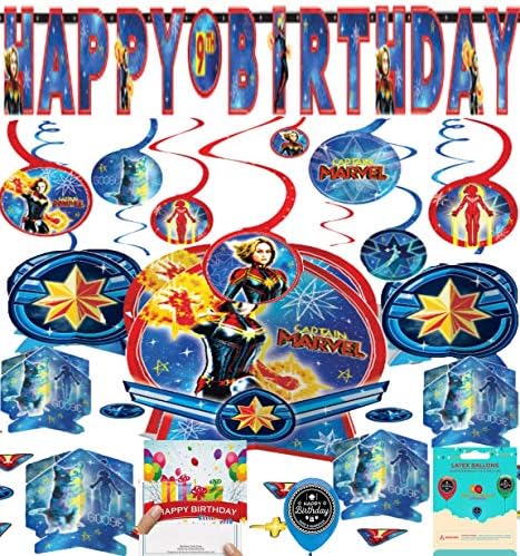 Captain Marvel Party Supplies Birthday Room Decorating Bundle of Table Centerpiece Hanging Swirls Add Your Own Age Banner Birthday Card and Balloon Decoration Kit