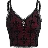 Verdusa Women's Goth Lace Crop Top Backless Mesh Gothic Top Witchy Rave Outfits Emo Grunge Clothes