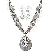 Elisheva Vintage Chunky Statement Necklace, Bohemian Filigree Leaf Waterdrop Pendant Dangle Necklace and Earrings Set, Mother of Pearl Shell Statement Jewelry,Fashion Costume Jewelry for Women