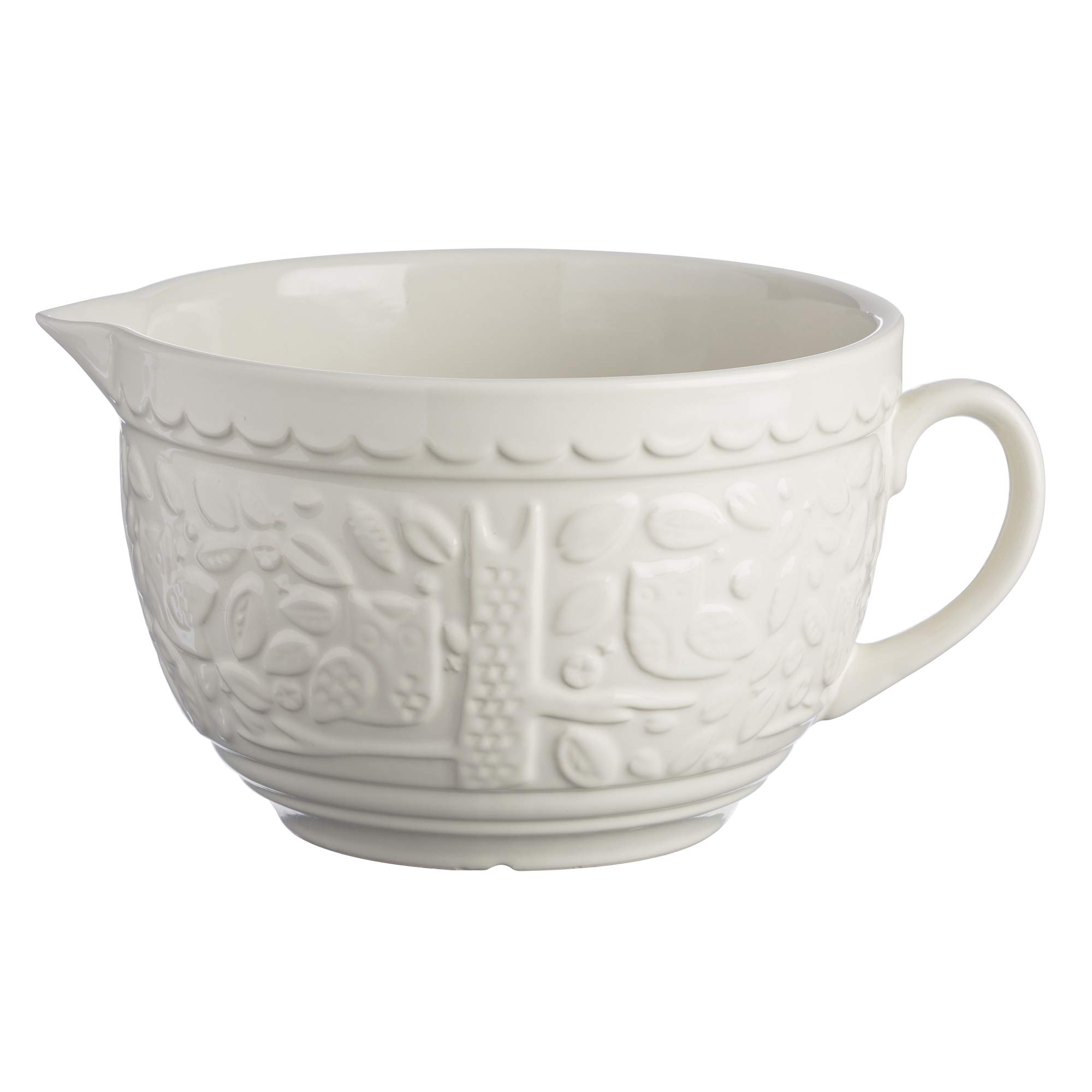 Mason Cash in The Forest Owl Batter Bowl 2 Litre | Cream Stoneware Mixing & Pouring Bowl for Batter Mixes, Embossed Woodland Design