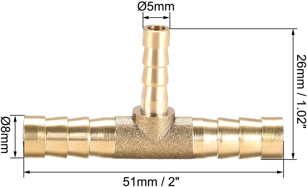 sourcing map Tee Brass Barb Fitting Reducer 3 Way, Fit Hose ID 8mm x 5mm x 8mm, Gold - Image 3