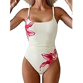 Aidonger One Piece Swimsuit for Women Tummy Control Square Neck Bathing Suit Tie Back Cutout Swim Suit with Spaghetti Straps