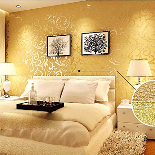 MEAIHOME Modern Victorian Damask Embossed Textured PVC Material Living Room/Bedroom Non-Pasted Gold Wallpaper Roll 1.73'W x 32.8'L