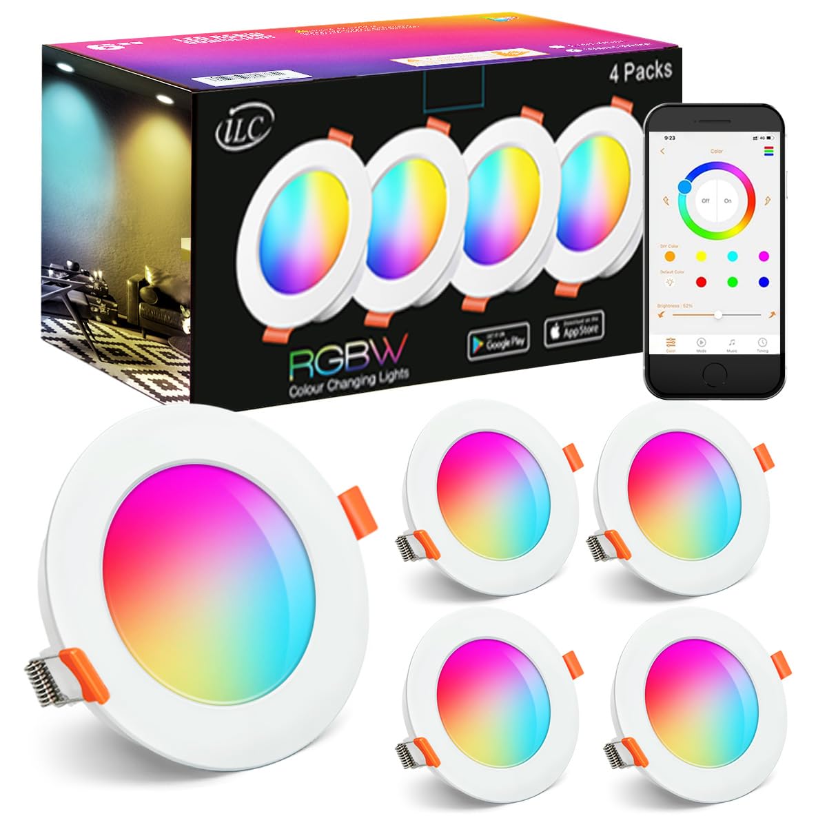 iLC LED Downlights for Ceiling, Work with Alexa(Echo Device Required) Φ68-85mm Hole, Colour Changing DownLights, Smart Recessed Ceiling Lights with APP Control, 800LM, 2700K-6000K + RGB (Pack of 4)
